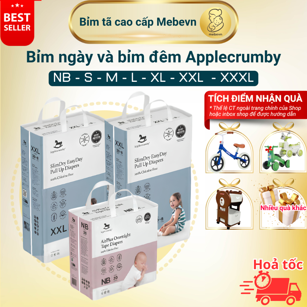 Bỉm ngày, bỉm đêm Applecrumby chính hãng Slim & Overnight, bỉm ngựa Applecrumby cao cấp đủ size