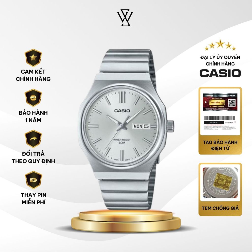 Đồng Hồ Nam Tay Nhỏ Casio MTP-E735D-7AVDF Mặt Trắng Kính Khoáng Size 37.5mm Chống Nước Dây Kim Loại 