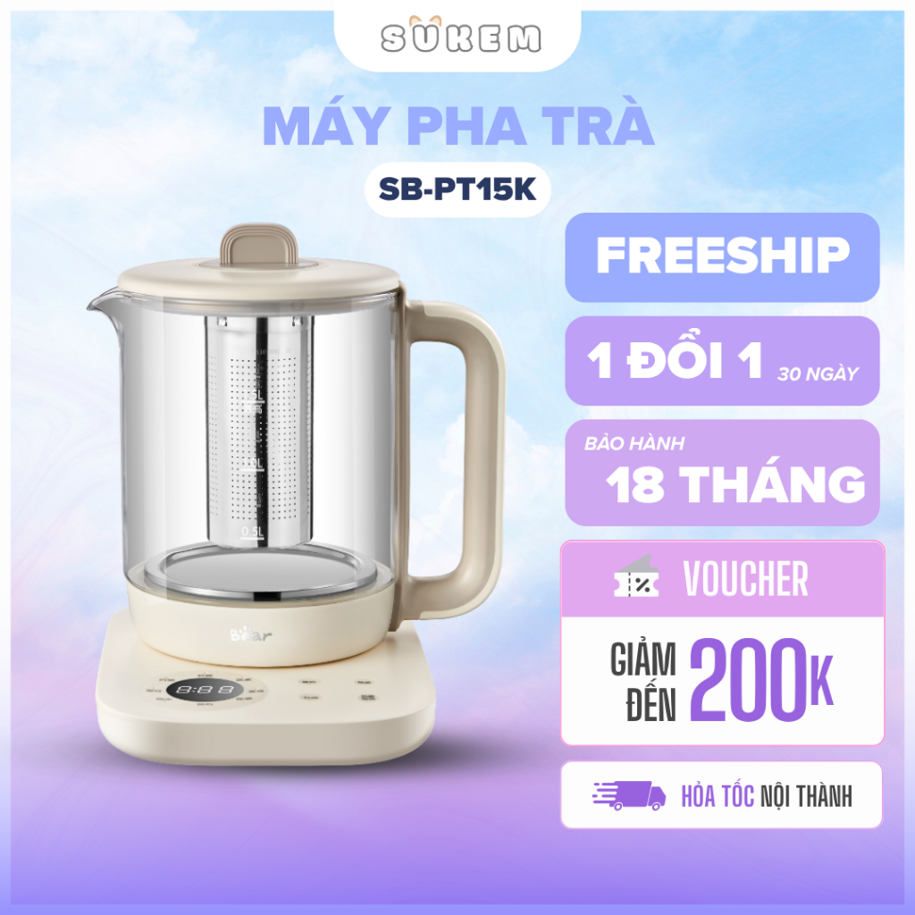 Máy Pha Trà Bear 1.5L SB PT15K Chính Hãng Công Suất 1000W Giữ Nhiệt Hẹn Giờ 9H Pha Trà Dưỡng Sinh Ch