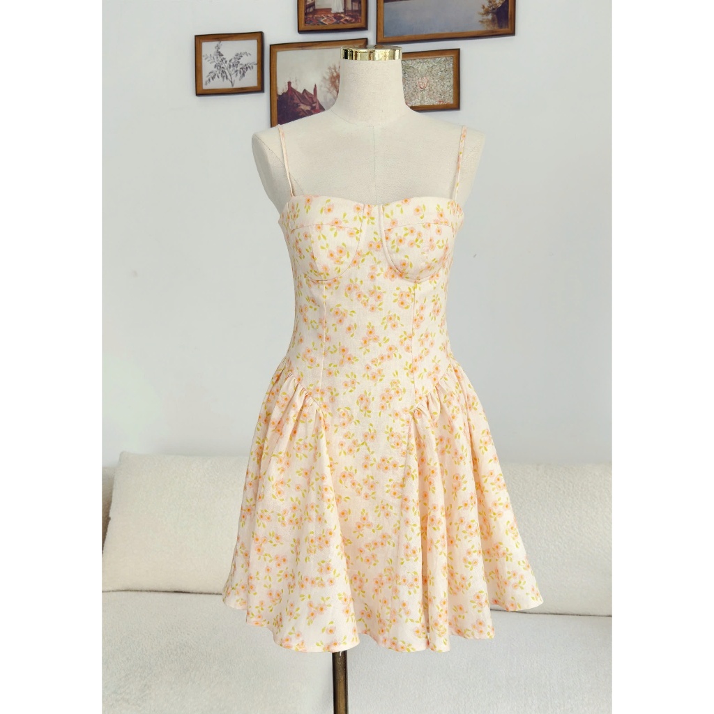 𝗖𝗹𝗼𝘁𝗵𝗲𝘀 𝗕𝗮𝗿 - Angela Mini Dress (Amber Dawn) | Đầm Mini Cam Nhạt Linen Premium Hai Dây Cúp Ngực