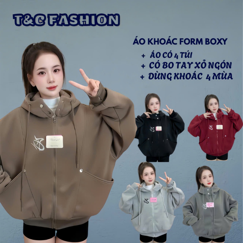 Áo khoác thêu logo form boxy rộng ,bo tay có sỏ ngón,cổ áo có thêm cúc bấm,mũ to rộng,chống nắng tốt