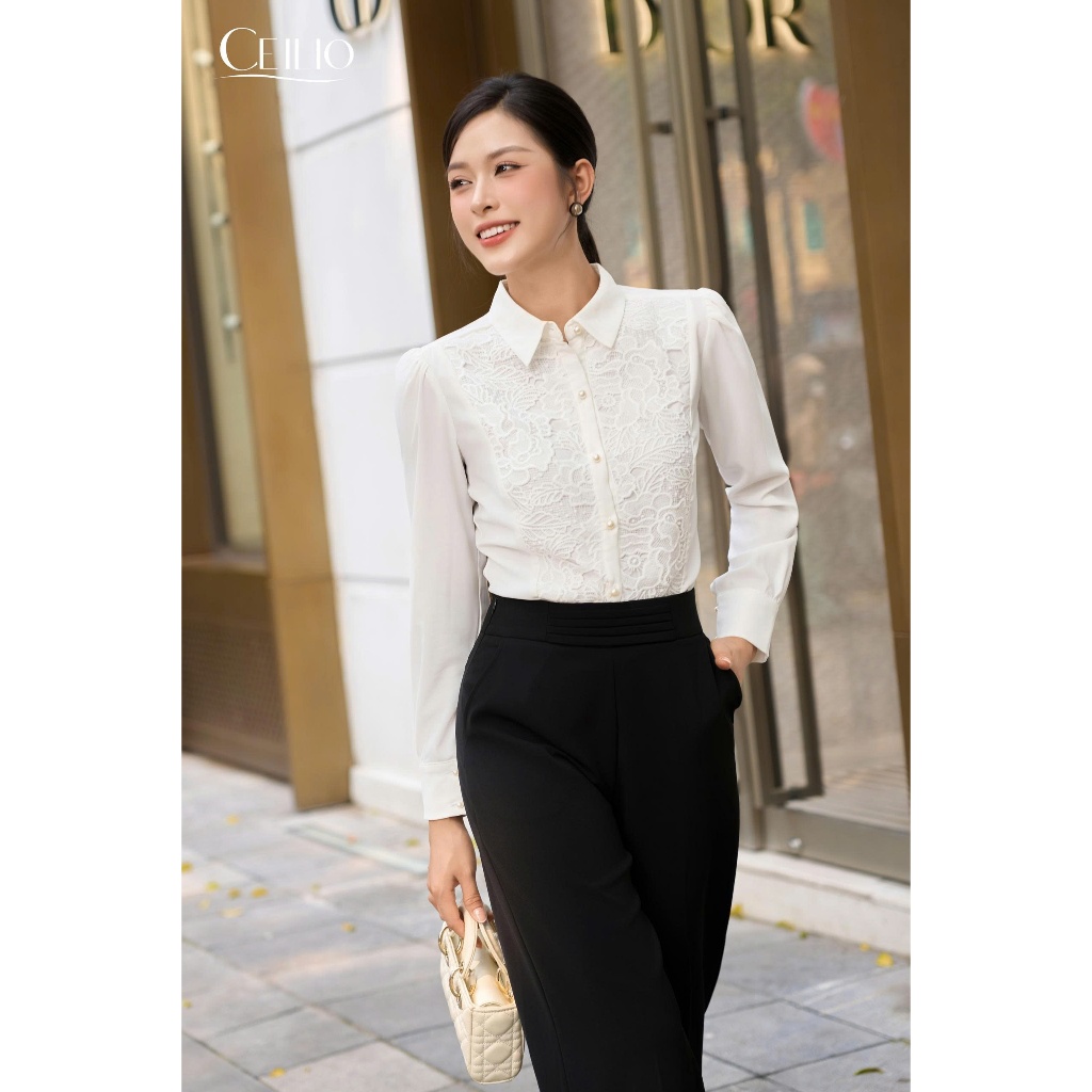 SƠ MI THIẾT KẾ CEILIO - SM350 sơ mi trắng phối ren đối xứng