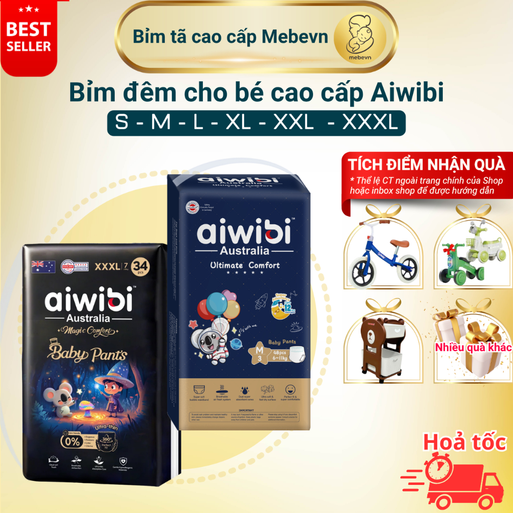 Bỉm đêm Aiwibi Australia, bỉm đêm Magic cho bé, bỉm đêm siêu mỏng, mềm mại, thấm hút tốt đủ các size