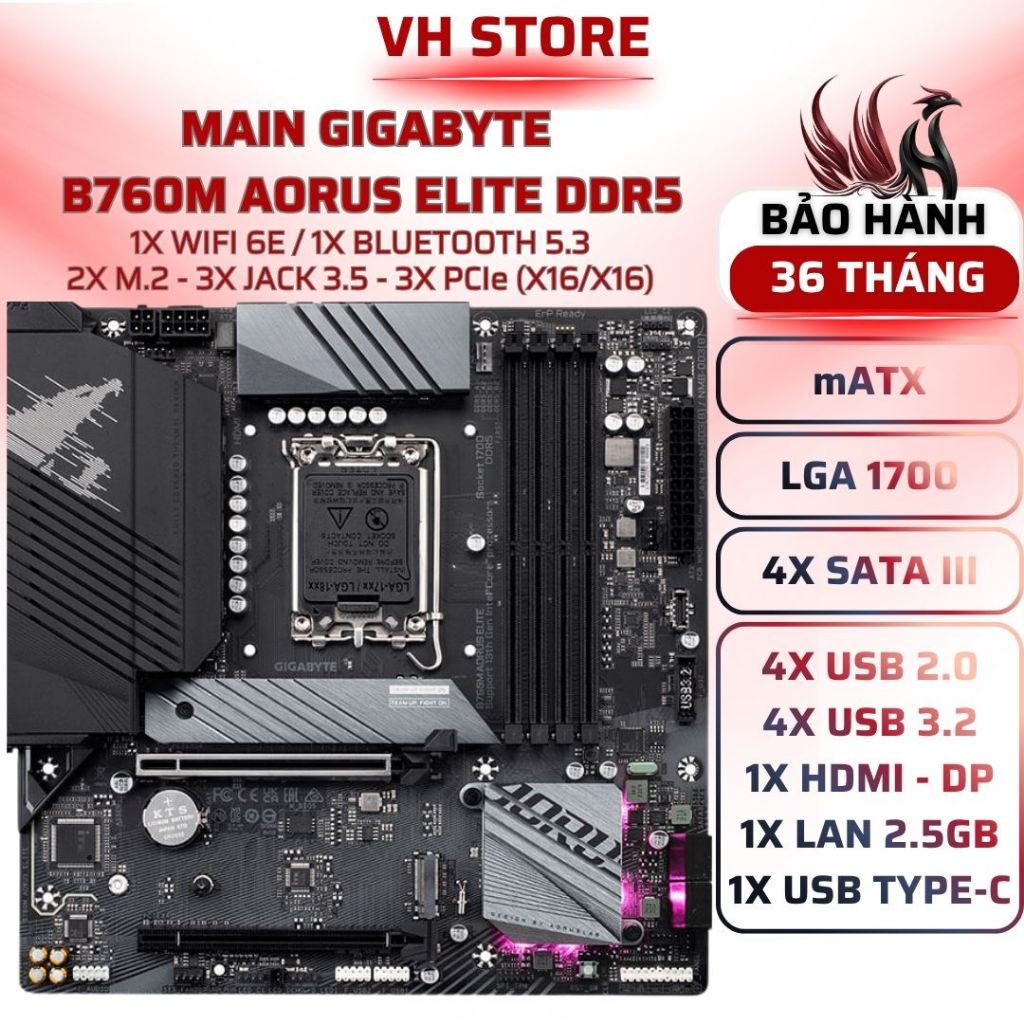 Mainboard Gigabyte B760M AORUS ELITE DDR5 LGA1700 - BẢO HÀNH 36 THÁNG - VHSTORE