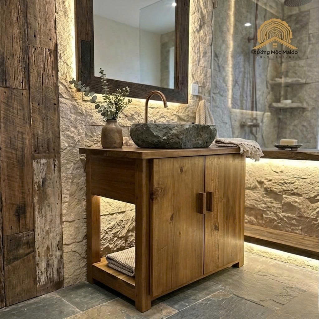 Tủ Lavabo Gỗ Tràm Tự Nhiên MAIDO- Bàn Để Chậu Rửa Mặt Phòng Tắm Sơn Bóng Mịn Chống Nước