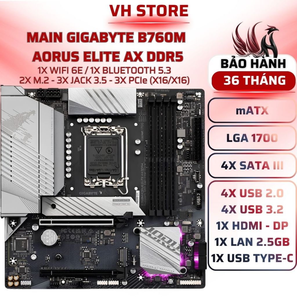 Mainboard Gigabyte B760M AORUS ELITE AX DDR5 WIFI 6E - BẢO HÀNH 36 THÁNG - VHSTORE