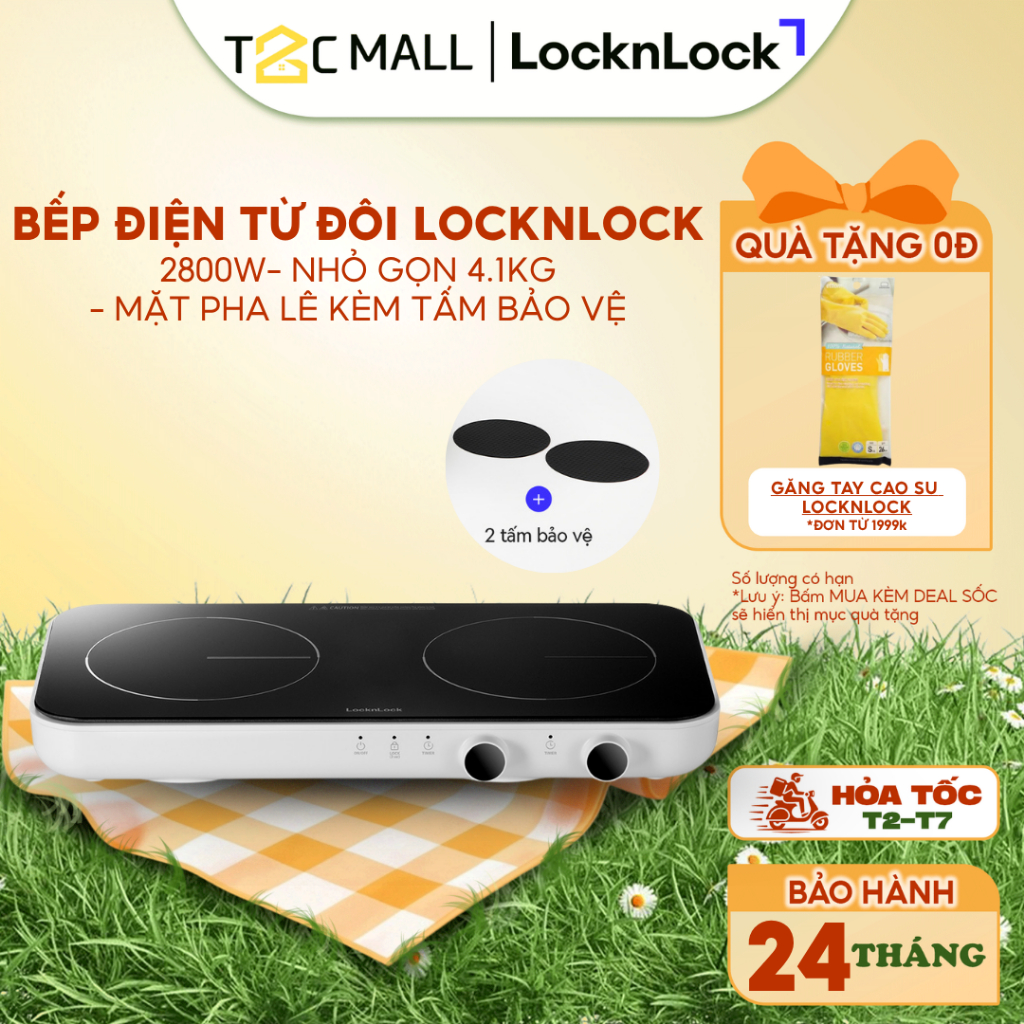 Bếp Điện Từ Đôi LocknLock Square Double Induction- Mặt pha lê kèm tấm bảo vệ, màu trắng EJI326WHT- T