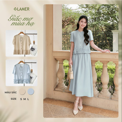 Áo Kiểu Nữ LAMER FASHION Dáng Suông Ngắn Tay Bèo Gấu Phối Chân Váy Xòe Cạp Chun Công Sở O61B26H001, O62L26H001