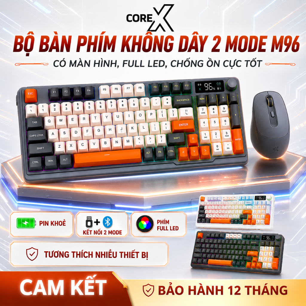 Bộ Bàn Phím Không Dây Bluetooth M96 LED 7 Màu Có Màn Hình, Phím PBT Cao Cấp, Gõ Êm Chống Ồn
