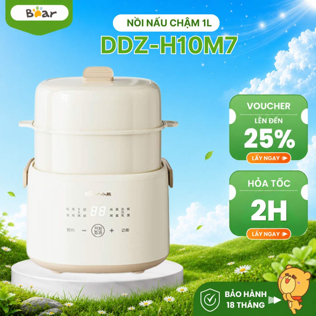 Nồi Nấu Cháo Chậm Bear 1L Có Xửng Hấp Bear DDZ-H10M7, 200W, Chưng Yến, Hầm, Có Hẹn Giờ BH 18 Tháng