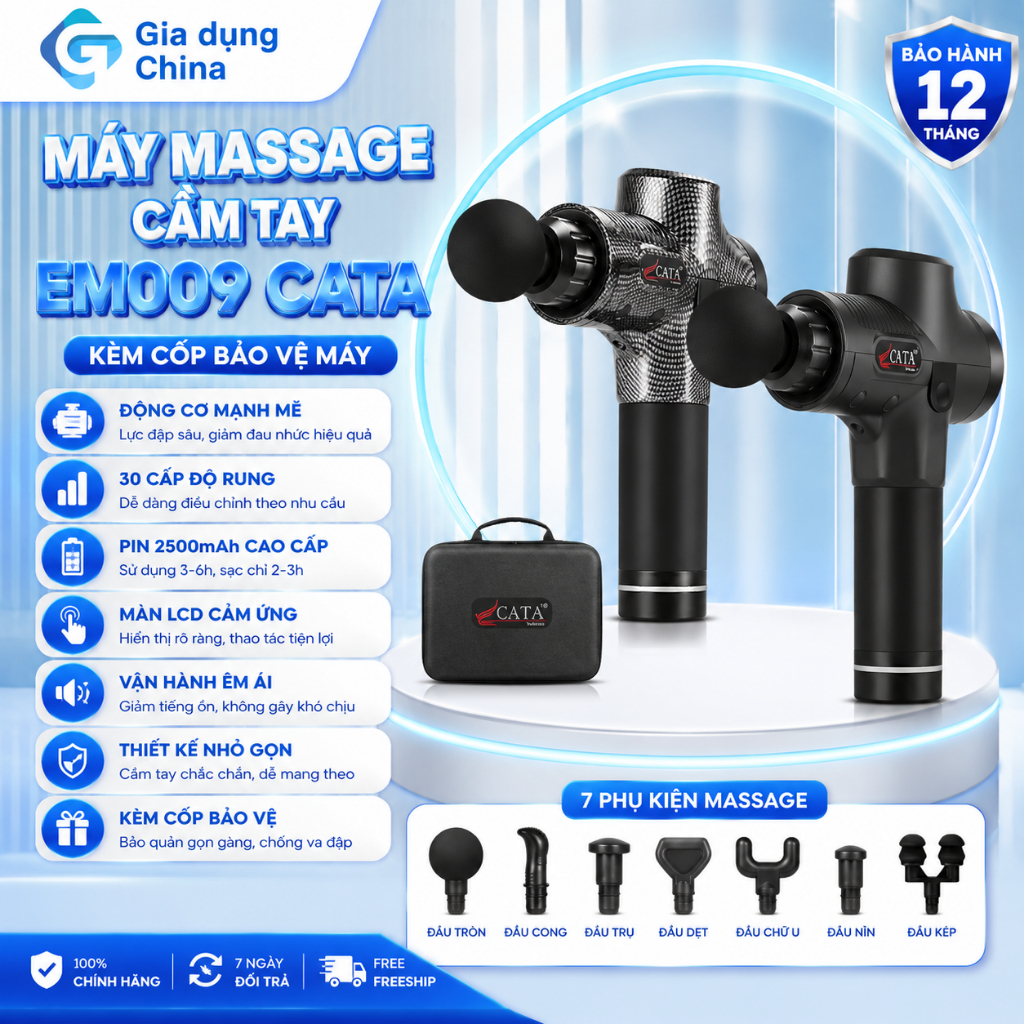 Súng massage cầm tay CATA cao cấp EM009 30 mức độ rung, 6 Đầu Massage Màn LCD điều khiển cảm ứng BH 