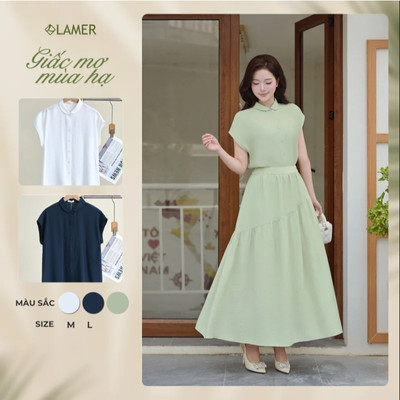 Áo Kiểu Nữ LAMER FASHION Sơ Mi Vai Chờm Cổ Sen Phối Chân Váy Xòe Nhún Tầng Cạp Chun V61H26H016 V62L26Q002