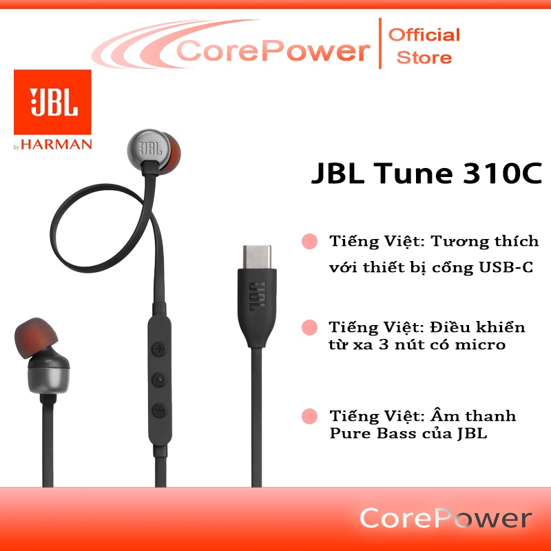 Tai Nghe Dây JBL Tune 310C Cổng Type C Chính Hãng, Có Mic Đàm Thoại Bass Mạnh Mẽ Hi-Res Chất