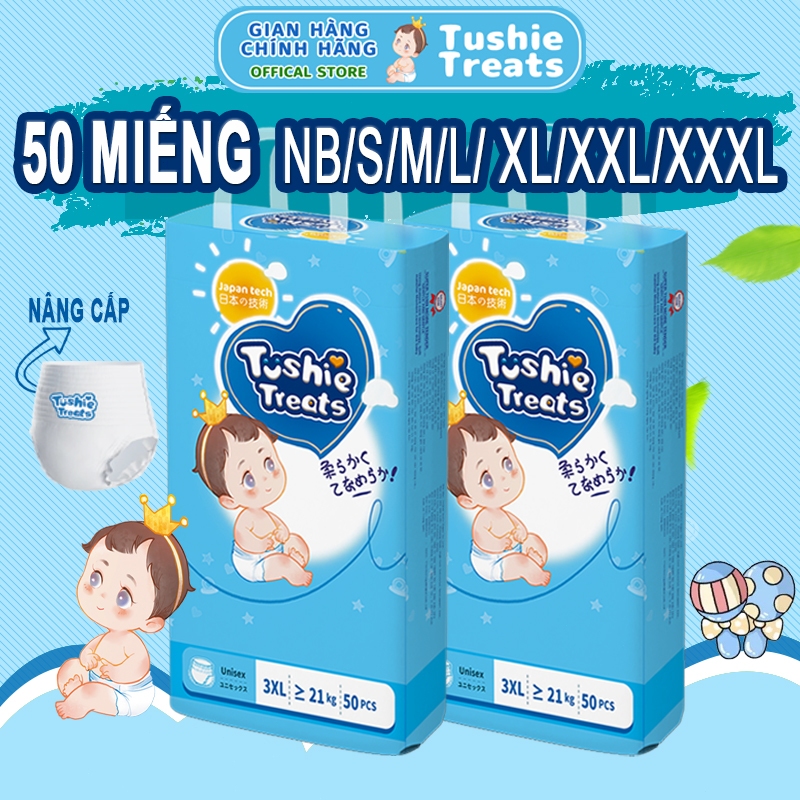 【50Miếng】TÃ BỈM/QUẦN Tushie Treats bỉm em bé Công nghệ Nhật bản ôm sát thấm 700ml hút thông thoáng N