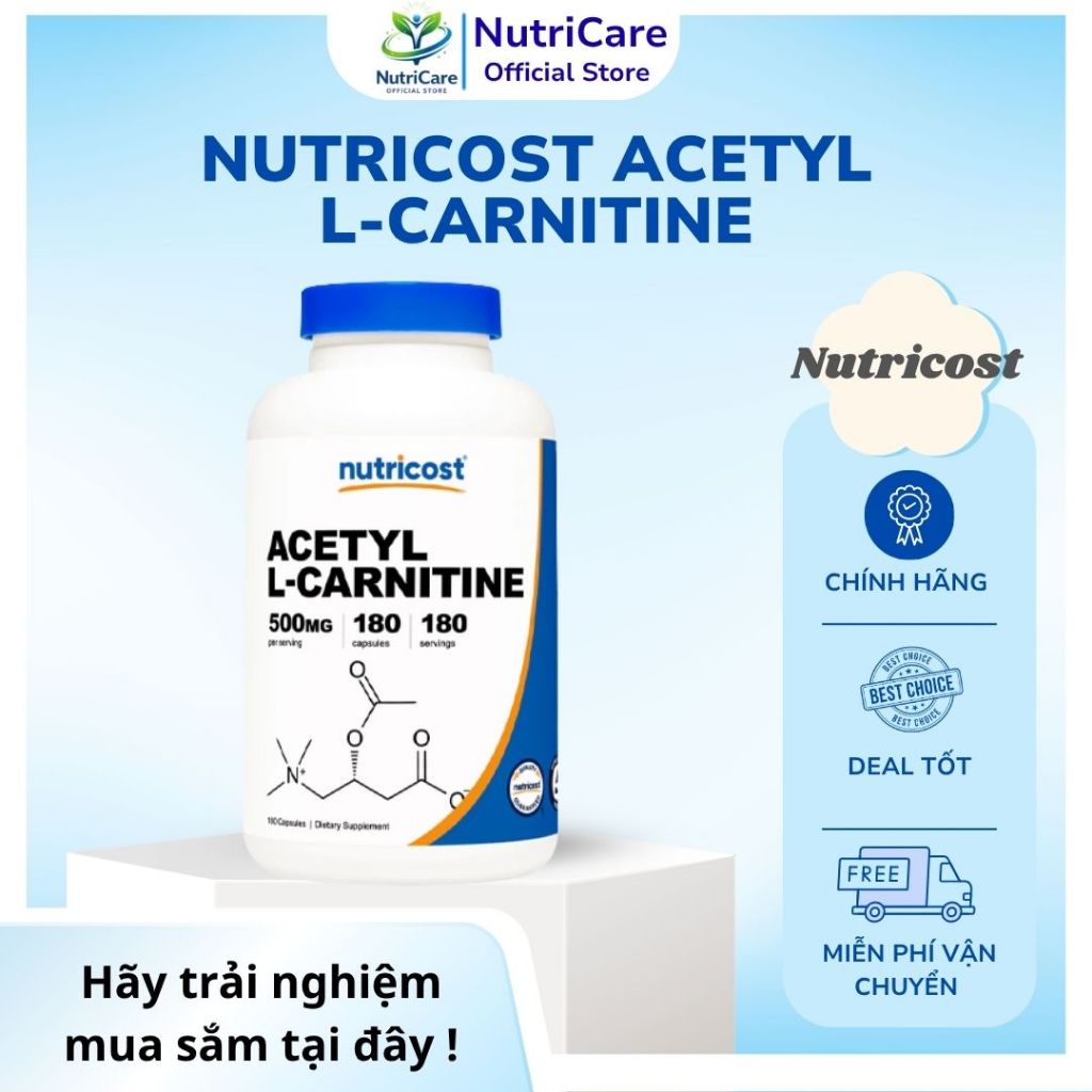 Nutricost Acetyl L-Carnitine 500mg + Viên uống hỗ trợ giảm cân, đốt mỡ, tăng cường não bộ