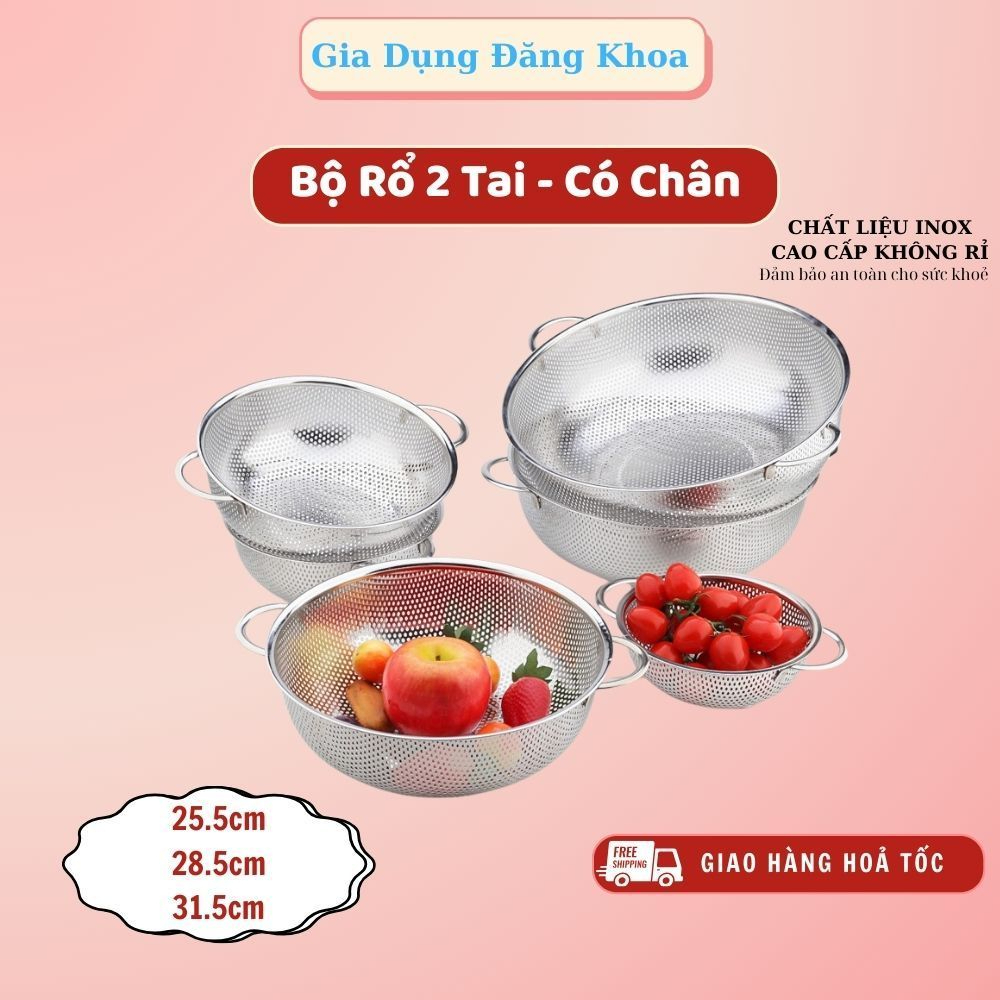 Rổ inox 304 đa năng lỗ lưới nhỏ dày - Rổ tròn inox 304 có 3 chân cao ráo nước , Rá inox có quai treo