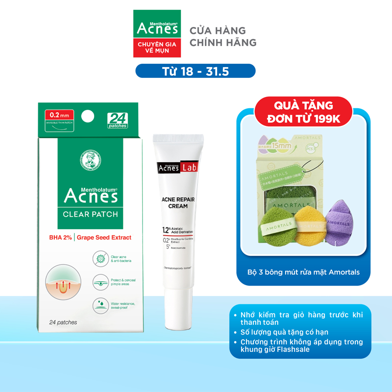 [VB] Combo giảm mụn chuyên sâu, cải thiện tình trạng mụn Acnes (Kem dưỡng giảm mụn 20g + Miếng dán g