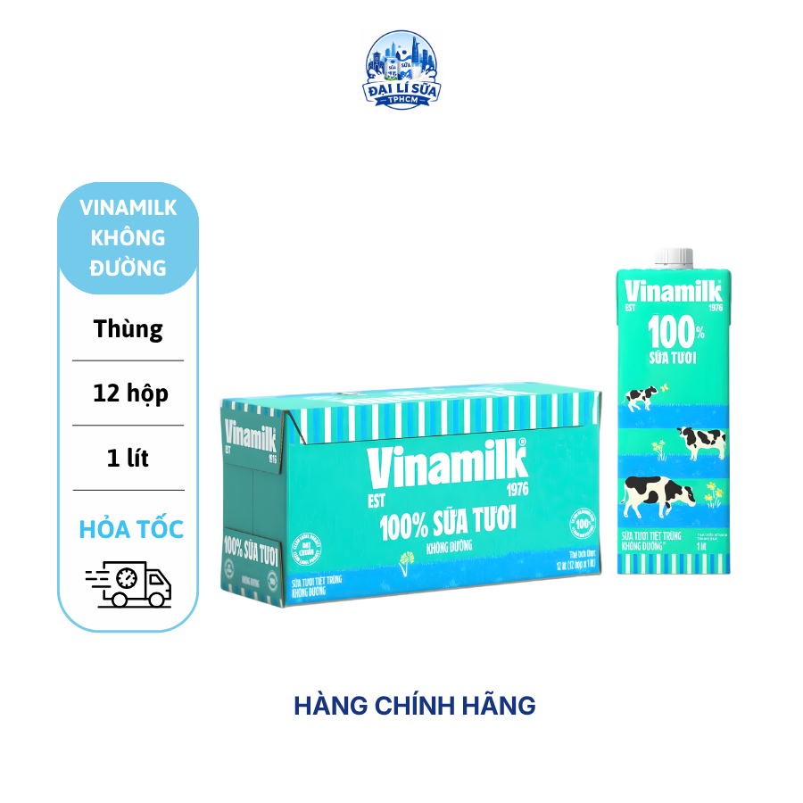 Thùng 12 hộp sữa tươi 100% Bò 1 LÍT KHÔNG ĐƯỜNG Vinamilk