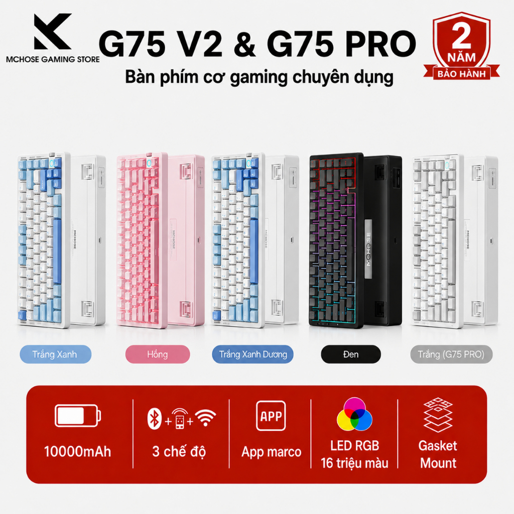 MCHOSE G75 Pro G75 V2 Bàn Phím Cơ Gaming Không Dây Bluetooth RGB Gasket 75% PBT 3 Mode 10000mAh 1ms 