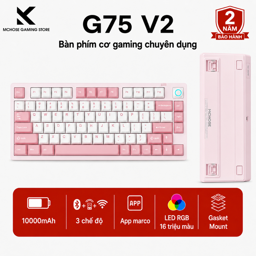 MCHOSE G75 V2 Hồng Bàn Phím Cơ Gaming Không Dây Bluetooth RGB Gasket 75% PBT 3 Mode 10000mAh 1ms Key