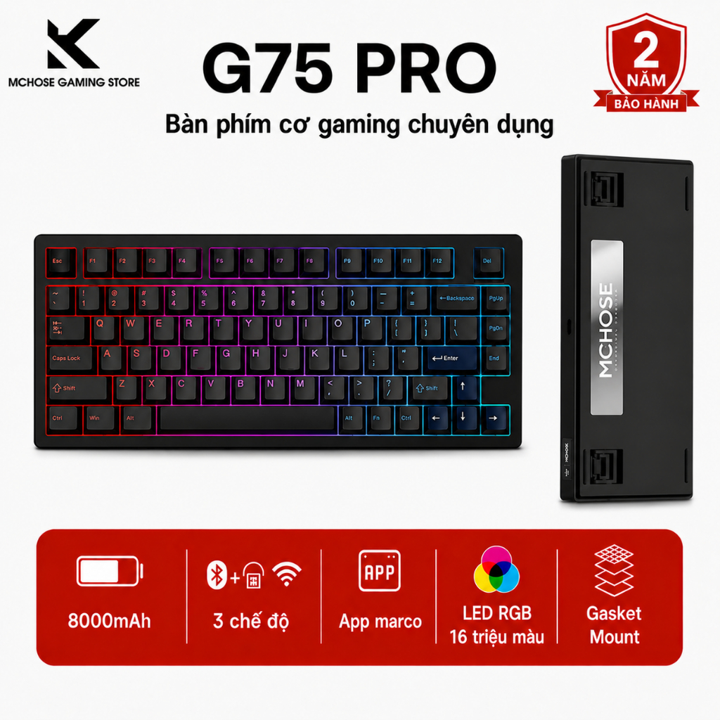 MCHOSE G75 Pro Đen Bàn Phím Cơ Gaming Không Dây Bluetooth RGB Gasket Hot Swap 75% PBT 8000mAh Keyboa