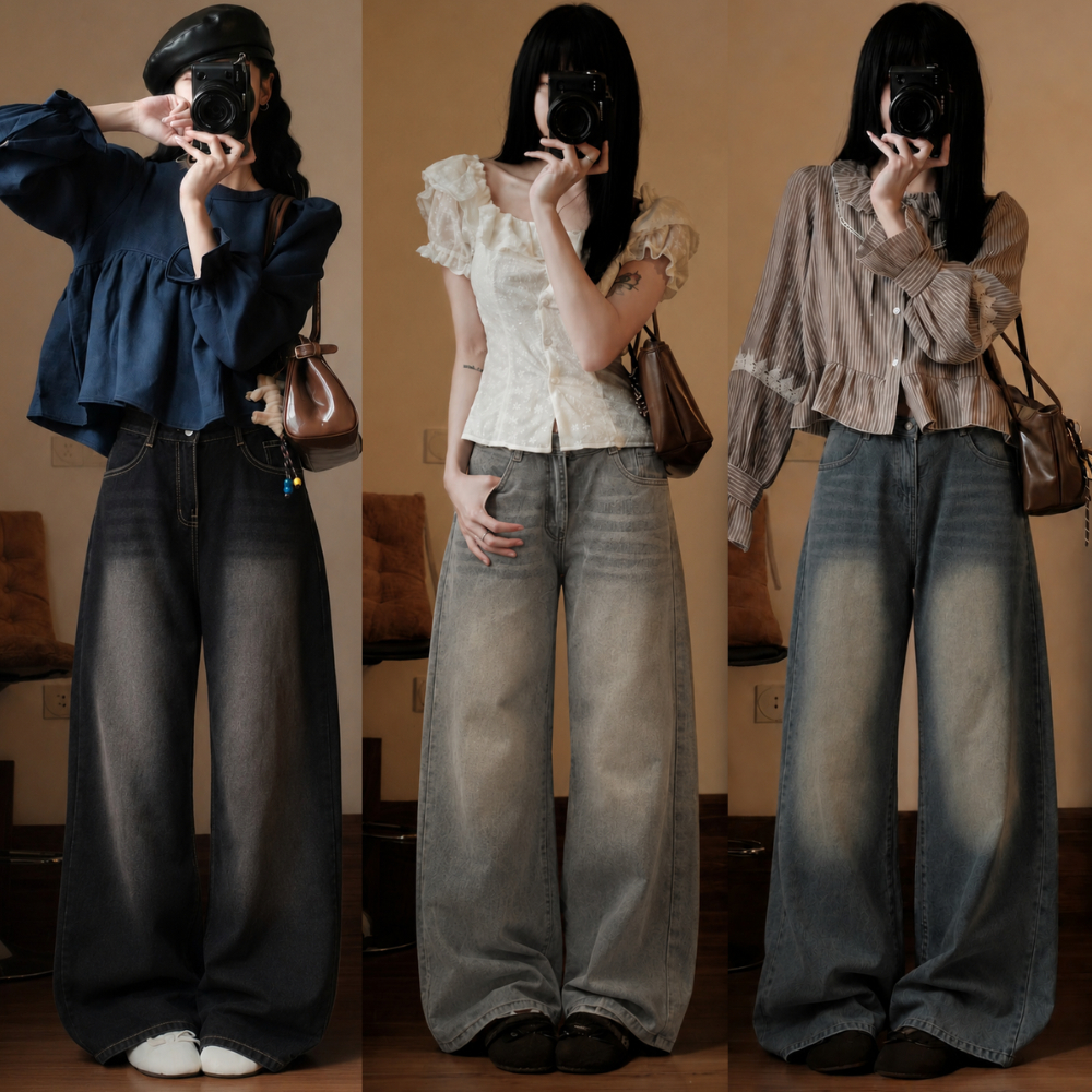 Quần Jeans Dài Wash MIAA Ống Rộng Cạp Cao Tôn Dáng Nam Nữ Unisex