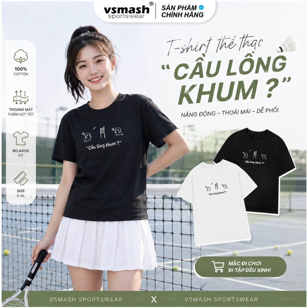 Áo Thun Cầu Lông Nam Nữ Vsmash Sportwear – Thêu "CẦU LÔNG KHUM" – Vải Bông Em Bé Mềm Mịn, Thoáng Mát
