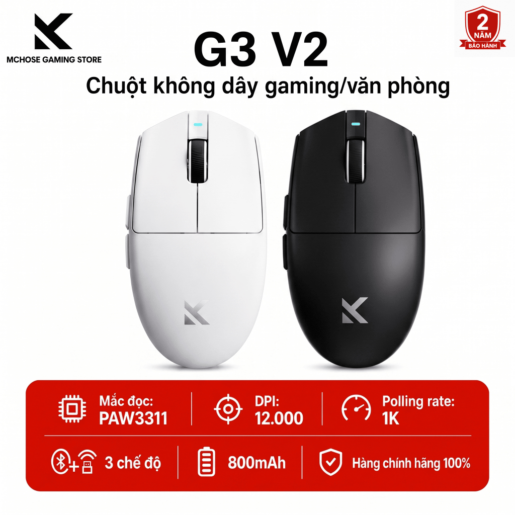 MCHOSE G3 V2 Chuột Không Dây Gaming Bluetooth 3 Chế Độ PAW3311 12000DPI Pin 800mAh Cho Laptop PC Gam