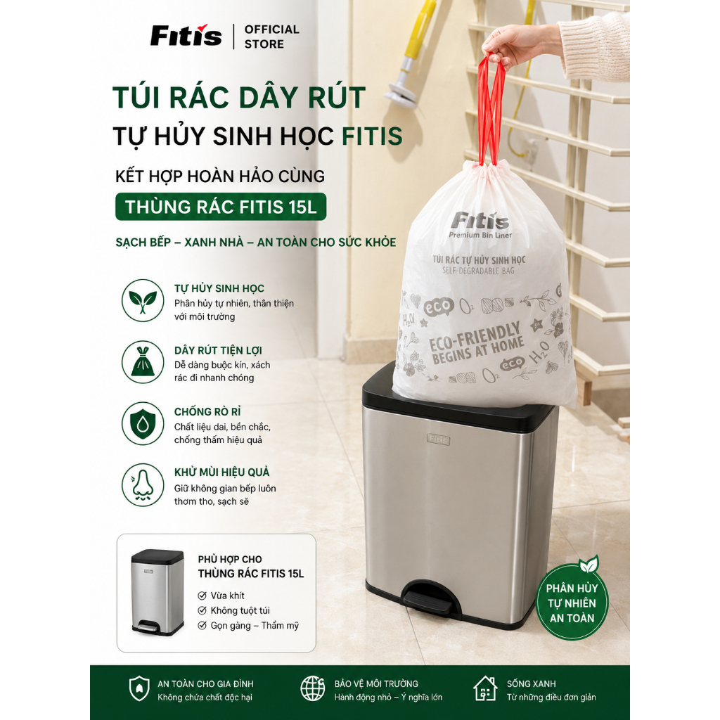 Túi Rác Dây Rút Fitis - Size S - cho thùng Fitis vuông  dưới 15L, tròn dưới 12 lít