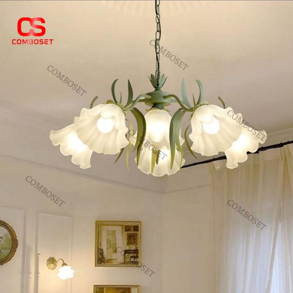Đèn Chùm Khung Xanh Dáng Hoa Cổ Điển Xu Hướng Decor Nội Thất Vintage Nhẹ Nhàng 5649
