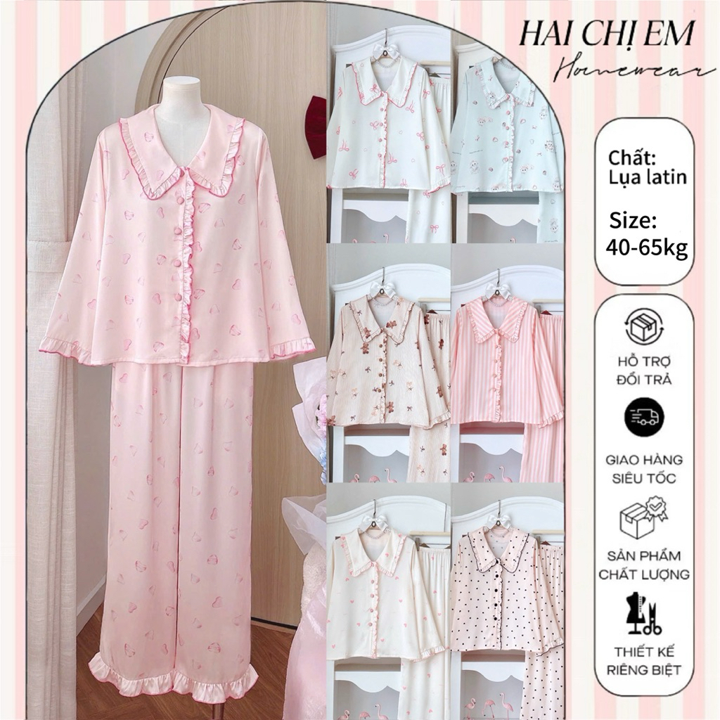 [45-65kg][Hàng QC] Đồ ngủ cổ pijama viền lượn sóng 2 túi tiểu thư lụa latin tay dài mát mịn - 2CE HA