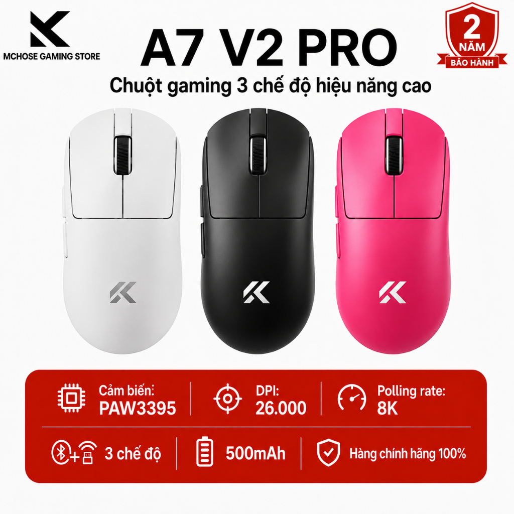 MCHOSE A7 A7 V2 Pro Chuột Không Dây Gaming 3 Chế Độ 8K PAW3395 26000DPI Bluetooth Cho Laptop PC Game