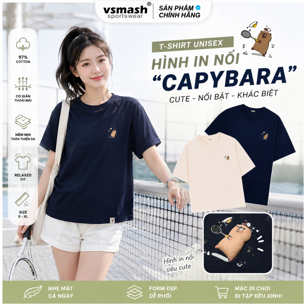 Áo Thun Cầu Lông Unisex Vsmash Sportwear – IN NỔI PHỒNG  "CAPYPARA" – Vải Bông Em Bé Mềm Mịn, Thoáng