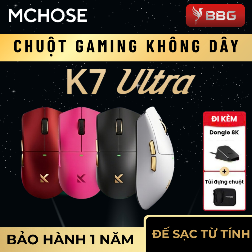 [BH 12TH] Chuột không dây Mchose K7 Ultra | PAW3950 Ultra | 8K Polling Rate | THEBABUSTORE (Tặ túi đ
