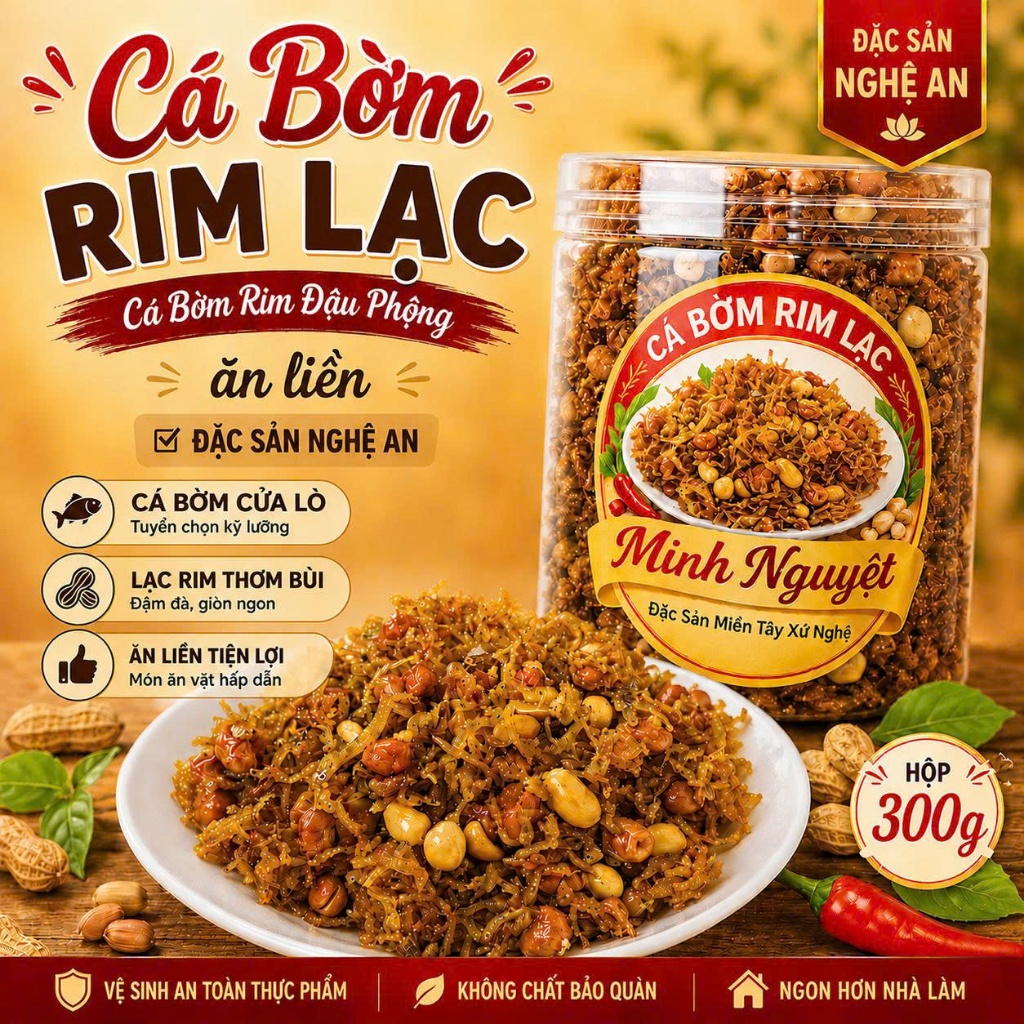 Cá Bờm (Mờm) Rim Lạc, Cá Bờm (Mờm) Rim Đậu Phộng ăn liền, ăn vặt thơm ngon Đặc sản Nghệ An Hộp 300g