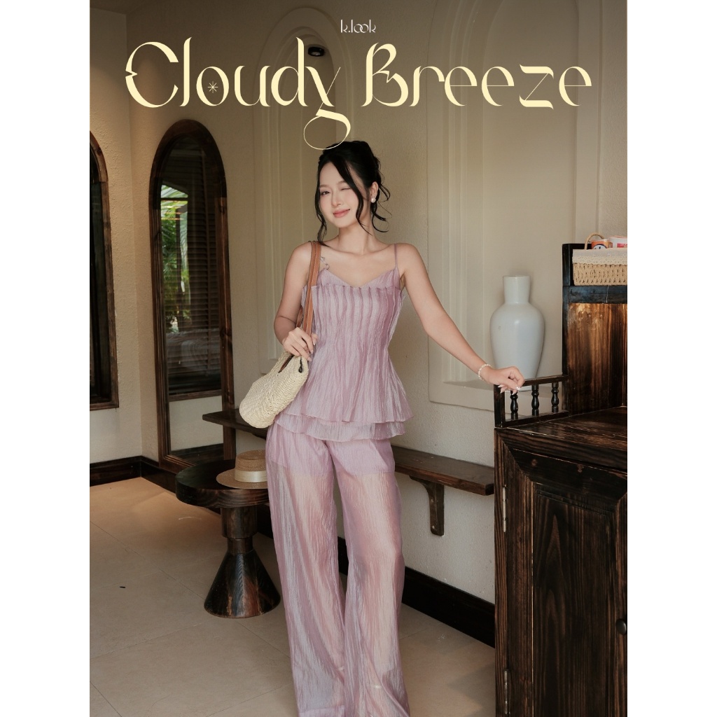 KLOOK Set đồ nữ CLOUDY BREEZE tím, Áo 2 dây xếp ly, quần short 2 lớp che đùi, vải tơ ánh Nhật