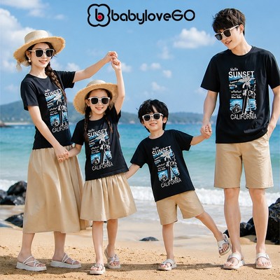 Áo thun gia đình BabyloveGO, áo phông du lịch đi biển chất cotton 100% co giãn 4 chiều, đủ size cho bố mẹ và bé