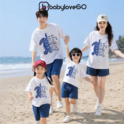 Áo đi biển gia đình BabyloveGO, áo thun đồng phục du lịch chất cotton 100% co giãn 4 chiều, đủ size cho bố mẹ và bé