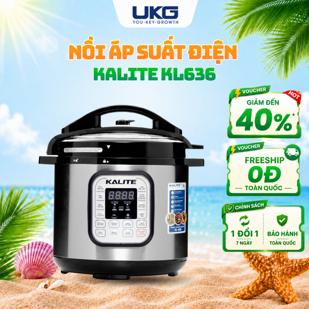 Nồi áp suất điện Kalite KL636 công suất 950W, 10 chế độ nấu đa năng, dung tích 6L, lòng nồi phủ chốn