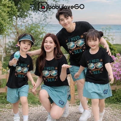 Áo du lịch cho gia đình BabyloveGO, áo phông cộc tay cổ tròn cotton 100% co giãn 4 chiều, đủ size cho bố mẹ và bé
