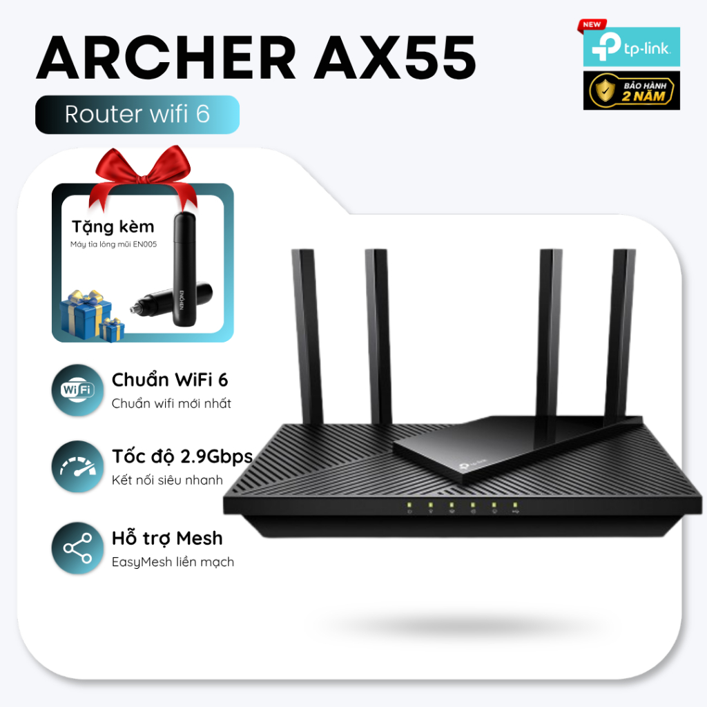 Bộ Phát WiFi 6 TP-Link Archer AX55 | Chuẩn Wifi 6, Tốc độ cao 2.9Gbps, Phủ sóng rộng, Băng tầng kép