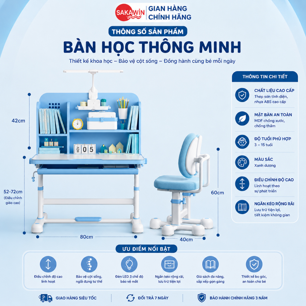 [Bản Cải Tiến] Bộ bàn ghế học sinh chống gù Sakawin A16 Plus - Bàn học cho bé, Nâng hạ tay quay | BigBuy360 - bigbuy360.vn