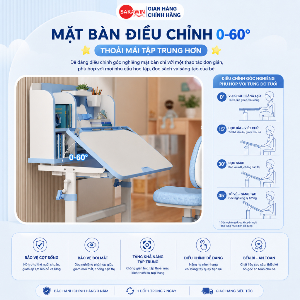 [Bản Cải Tiến] Bộ bàn ghế học sinh chống gù Sakawin A16 Plus - Bàn học cho bé, Nâng hạ tay quay | BigBuy360 - bigbuy360.vn