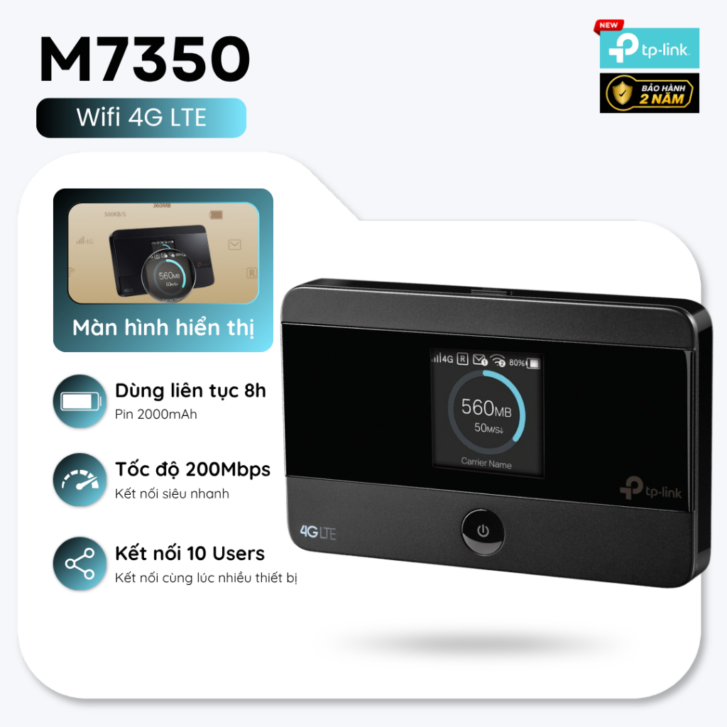 Bộ Phát WiFi Di Động 3G/4G LTE TP-Link M7350 | Tốc độ 150Mbps, Kết nối đến 10 thiết bị, Pin 2000mAh