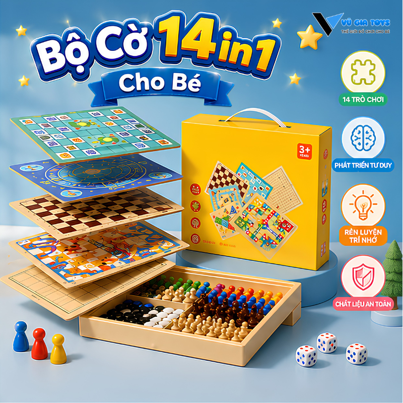 Đồ Chơi Cờ Vua, Cờ Tường, Cờ Cá Ngựa...,14 Game Trong 1 - Bộ Đồ Chơi Bàn Cờ 14 Game Tuổi Thơ Cho Bé 