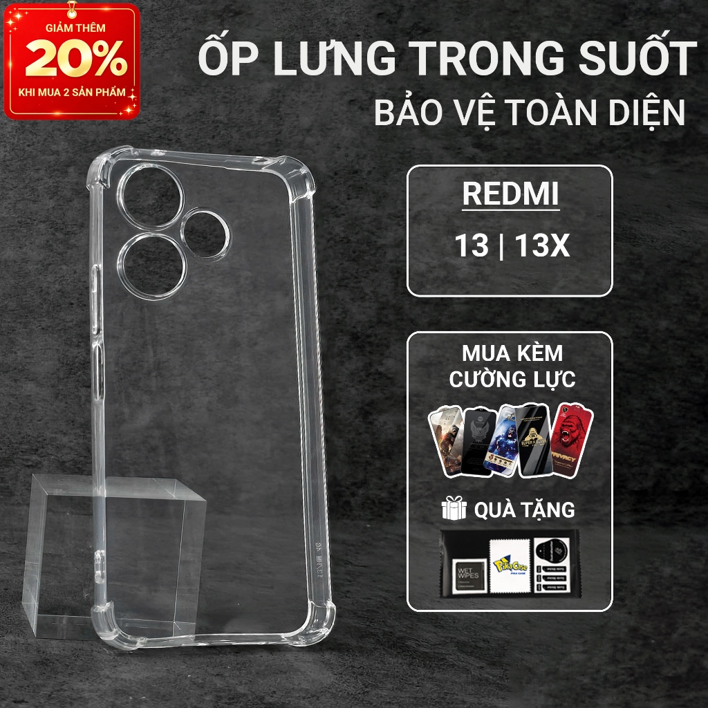 Ốp lưng Redmi 13, 13x Pikacase trơn trong suốt | Ốp điện thoại Xiaomi dẻo bảo vệ camera đt toàn diện