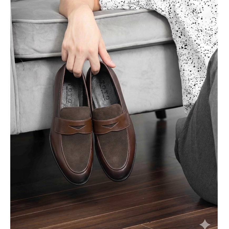 Giày Lười Penny Loafer Nam Upper Da lộn nâu - Da Bò Thật Nguyên Tấm - Đế phíp Santoro Mã M749
