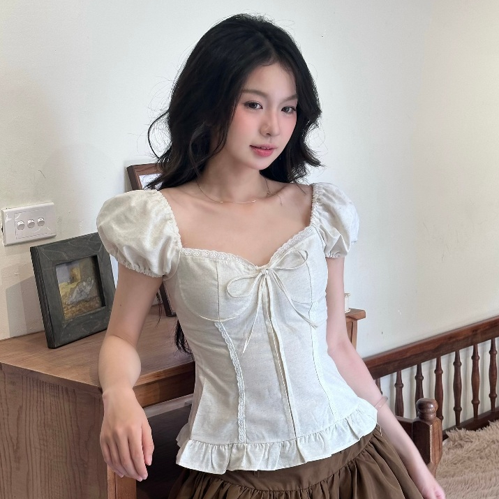 𝙏𝒉𝙖𝒐𝙫𝒊_𝑼𝙡𝒍𝙯𝒂𝙣𝒈// Áo Babydoll Nữ Kiểu Tay Phồng Ren Ngực Thắt Nơ Phong Cách Mùa Hè Kimee - KA840 | BigBuy360 - bigbuy360.vn