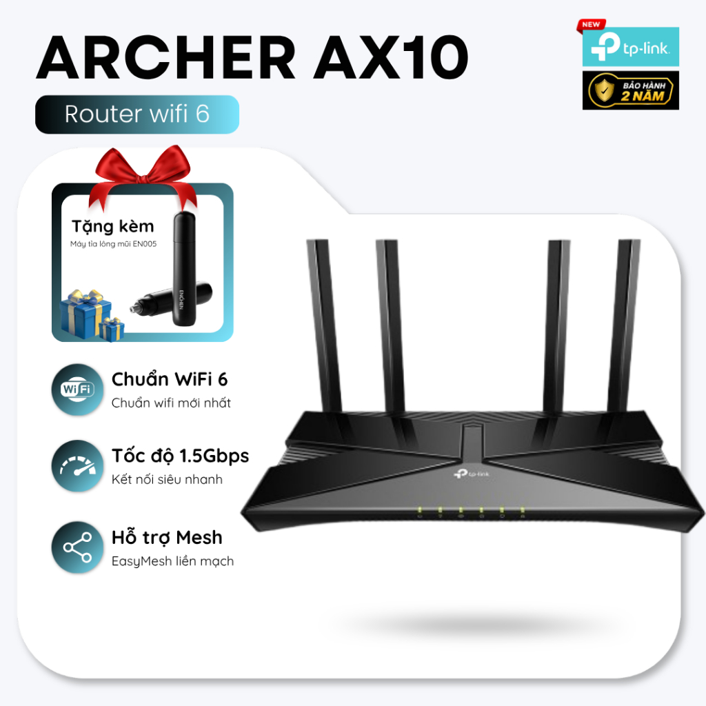 Router WiFi 6 TP-Link Archer AX10 | Chuẩn WiFi 6, Tốc độ 1500Mbps, Kết nối nhiều thiết bị
