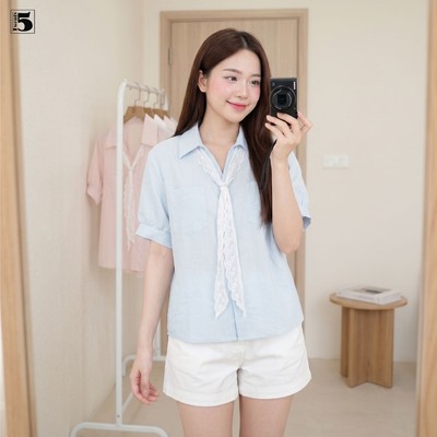 Áo sơ mi nữ Twentyfive tay ngắn, phối túi trước ngực đi kèm khăn ren thắt nơ cách điệu 6765